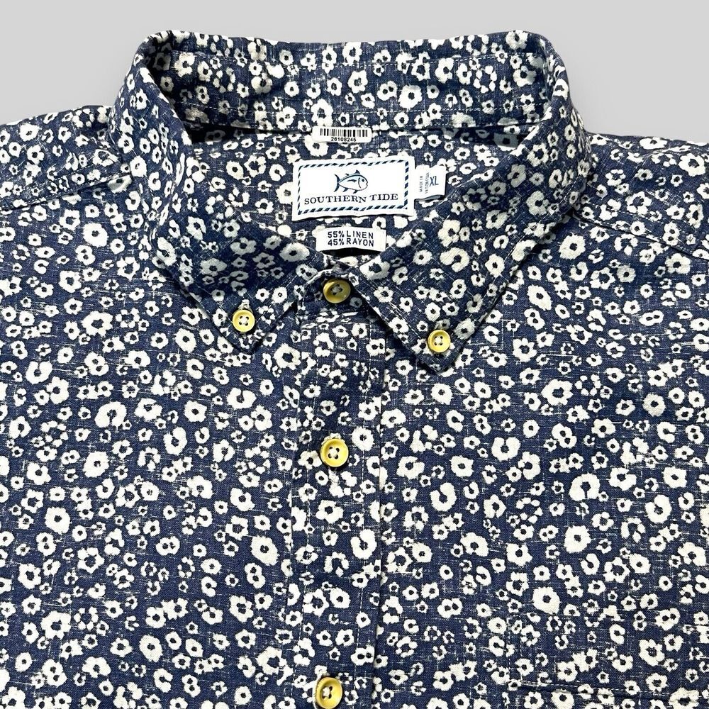Southern Tide Shirt Mens XL Linen Rayon Blend Blue White Floral Short Sleeve